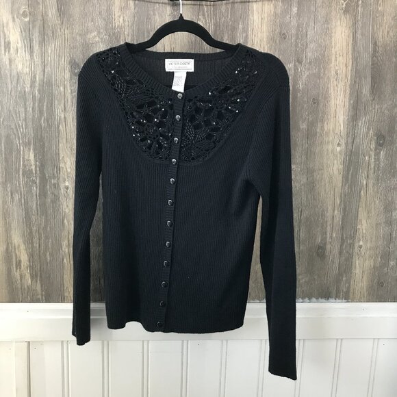 Victor Costa black wool blend black sequined cardigan sweater size XS - Picture 1 of 4